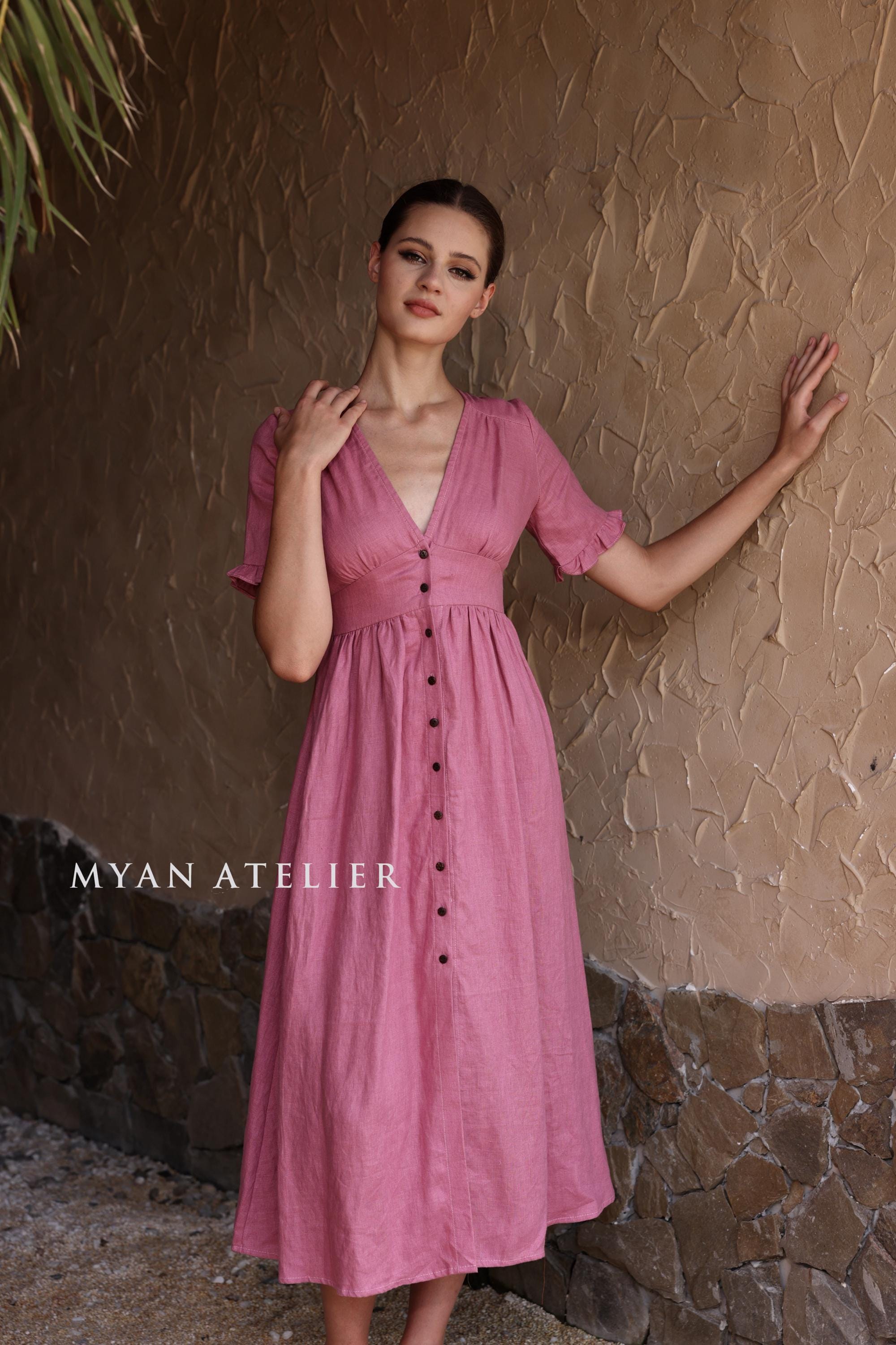 Fit-and-flare Midi Linen Dress MARIEL, Short Ruffle Sleeves Dress