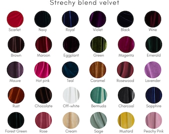 May include: A color chart of "Stretchy blend velvet" fabric swatches. The chart displays 30 different colors, including Scarlet, Navy, Royal, Violet, Black, Wine, Brown, Maroon, Eggplant, Green, Magenta, Emerald, Mauve, Hot pink, Teal, Caramel, Rosewood, Lavender, Rust, Chocolate, Off-white, Bermuda, Charcoal, Sapphire, Forest Green, Rose, Cream, Sage, Mustard, and Peachy Pink.