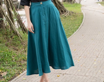 Blue linen full circle skirt, Maxi length skirt, Button front skirt, Long linen skirt with button closure, linen skirt with pockets