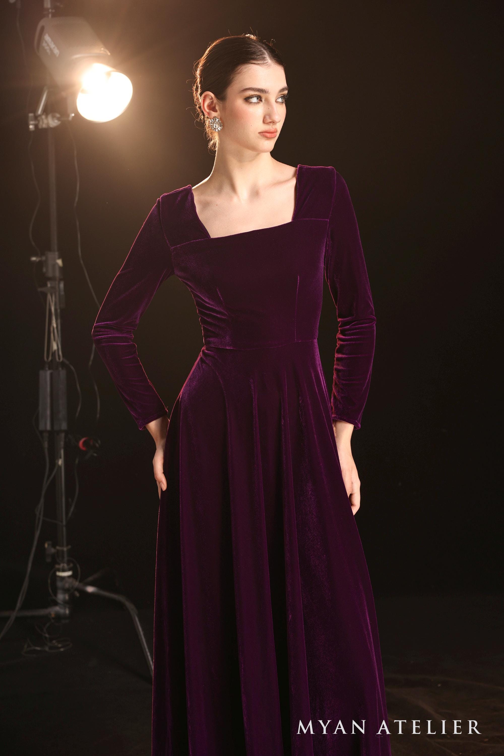 Velvet gown long LORE, Square neckline velvet dress, Violet velvet bridesmaid dress, Winter formal dress, Velvet dress women, Custom dress