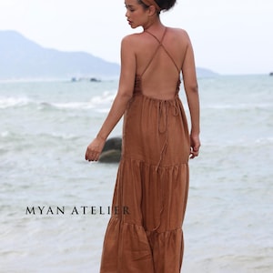 Neckholder Sommerkleid ARABELLA, Ärmelloses Maxi Leinenkleid, Leinenkleidung Frauen, Gestuftes Leinenkleid, Kleid nach Maß, Sommerhochzeitsgast