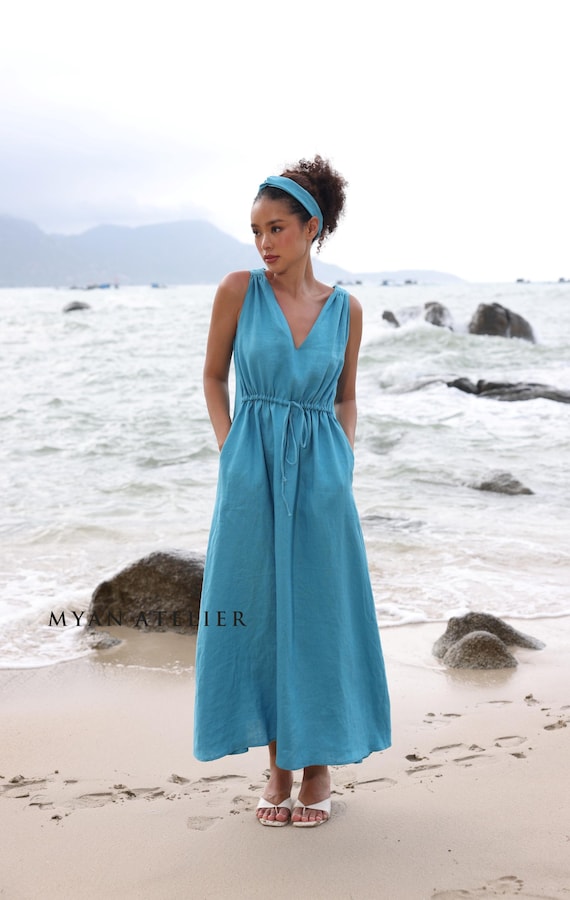 Linen V-neck Sleeveless Drawstring Dress SYLVA, Custom Summer Casual Midi -  Etsy Israel