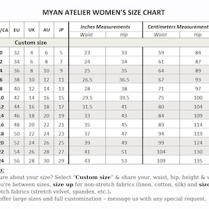 Detailed measurement guide for linen dress dress in sizes 0 US to 24 US, including a custom-size option for a perfect tailored fit.