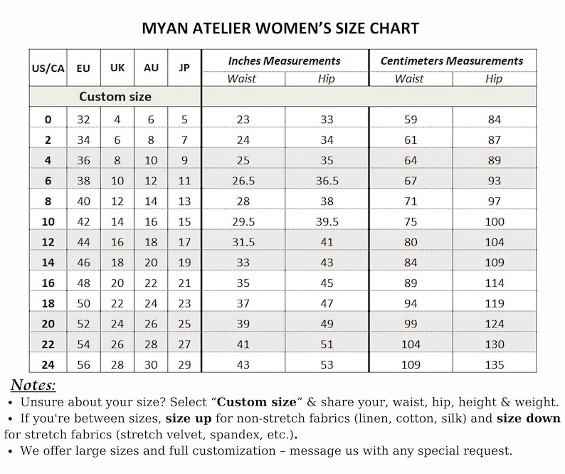 Detailed measurement guide for linen dress dress in sizes 0 US to 24 US, including a custom-size option for a perfect tailored fit.