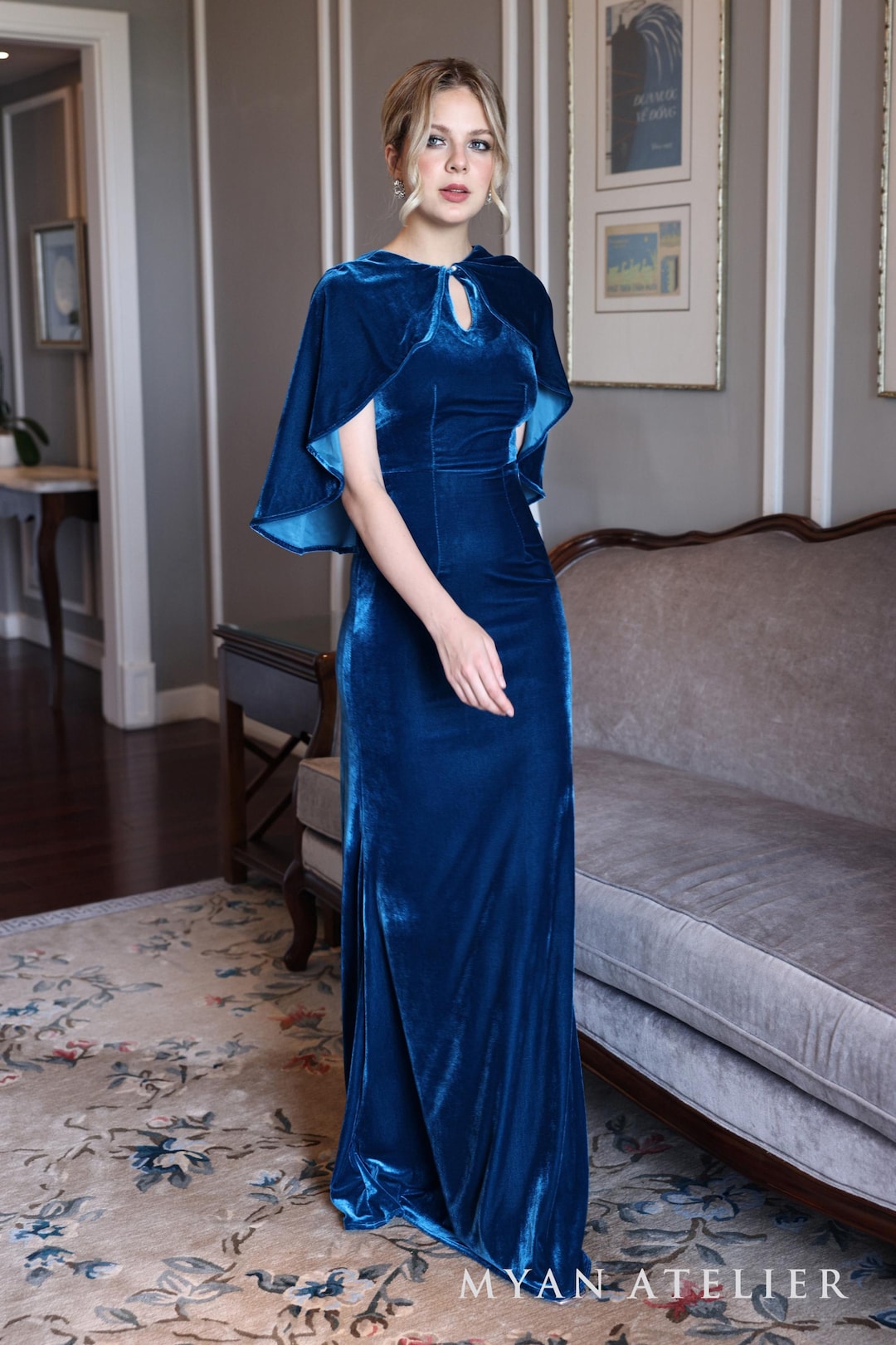 Velvet Cape Dress RACHEL, Floor Length Dress, Wedding Guest Dress