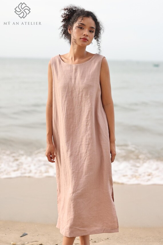 Linen Midi Slit Dress MYER, Sleeveless Linen Dress, Linen Kaftan Dress,  Linen Backless Dress, Linen Dress for Women, Boho Linen Clothing - Etsy