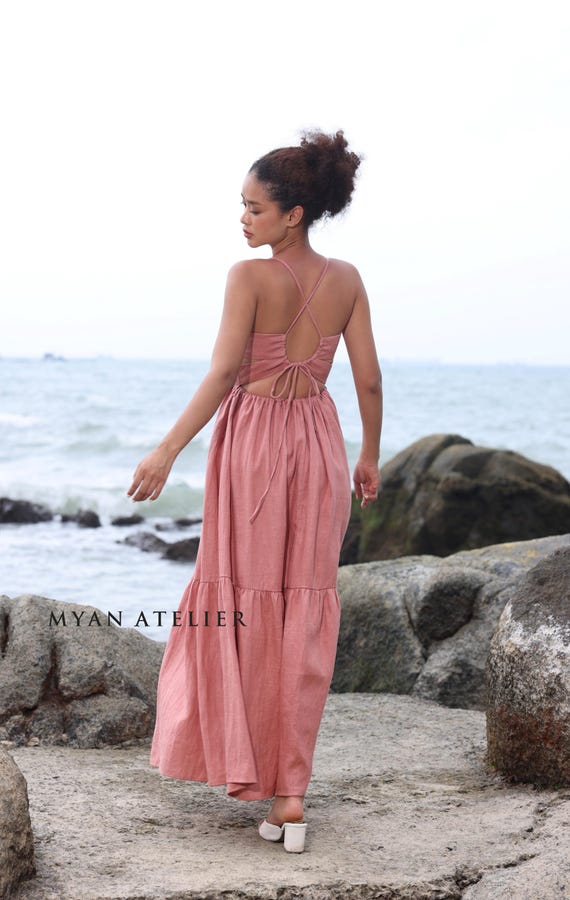 knee length dresses for ladies Sandy Shore Palmer Linen Tiered Maxi Dress Natural / Xs by Sugarlips
