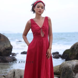 V-neck tie front summer dress ELENA, Sleeveless linen sundress, Plus size dress, Linen dress for women, Custom dress, Linen clothing women