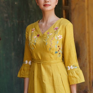 Handmade embroidery Linen Dress MILA, Wildflower Linen Dress, Linen Dress for Wedding Guest, A-line Linen Dress, V-Linen Dress, Custom dress