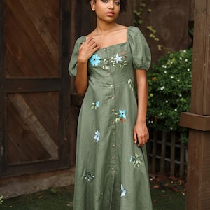 Hand embroidered maxi linen dress HAILEY, Linen button down maxi dress,Dress beach wedding guest plus size, Square neck linen, Custom dress