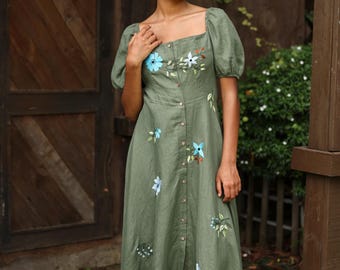 Hand Embroidered Square Neck Linen Dress HAILEY, Wedding Guest Dress, Custom fit