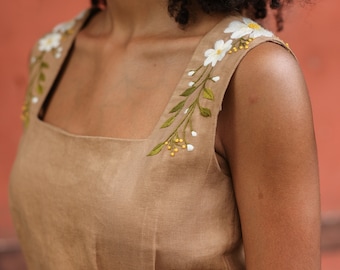 Hand Embroidered Square Neck Linen Dress ELLIE, Wedding Guest Dress, Custom fit