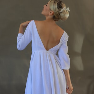 Deep V-neck back wedding dress HANNIE, Long sleeve linen wedding dress, Simple wedding dress, Bohemian wedding dress , Modest wedding dress