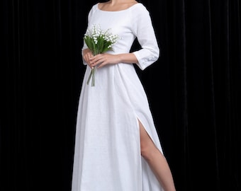 Leinen Brautkleid JENNY, Brautkleid mit seitlichem Schlitz, Boho Brautkleid, Lässiges Brautkleid, Schlichtes langes Kleid, Maßhochzeitskleid