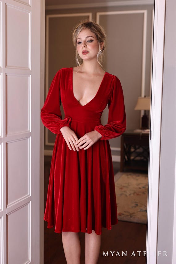 Deep V-Neck Party Dress Jennie, Elegant Christmas Dress, Evening Dress, Scarlet Dress, Formal Party Dress, Velvet Dress Women, Custom Dress