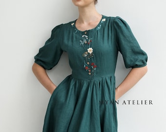 Hand Embroidered Puff Sleeve Boho Linen Dress ALMA, Wedding Guest Dress, Custom fit