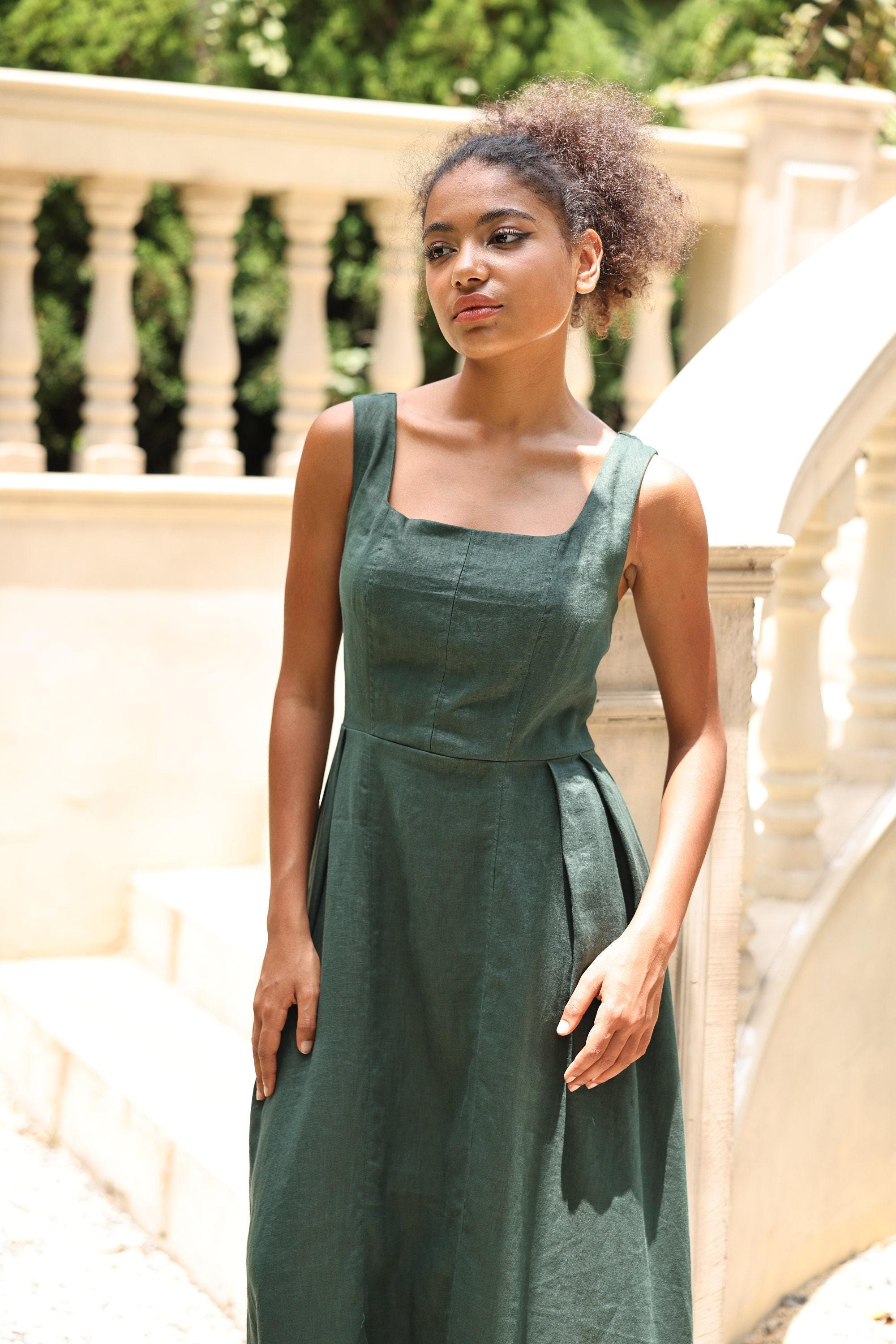 Sleeveless Smocked Back Linen Dress CASSIDY, Wedding guest dress, Custom fit