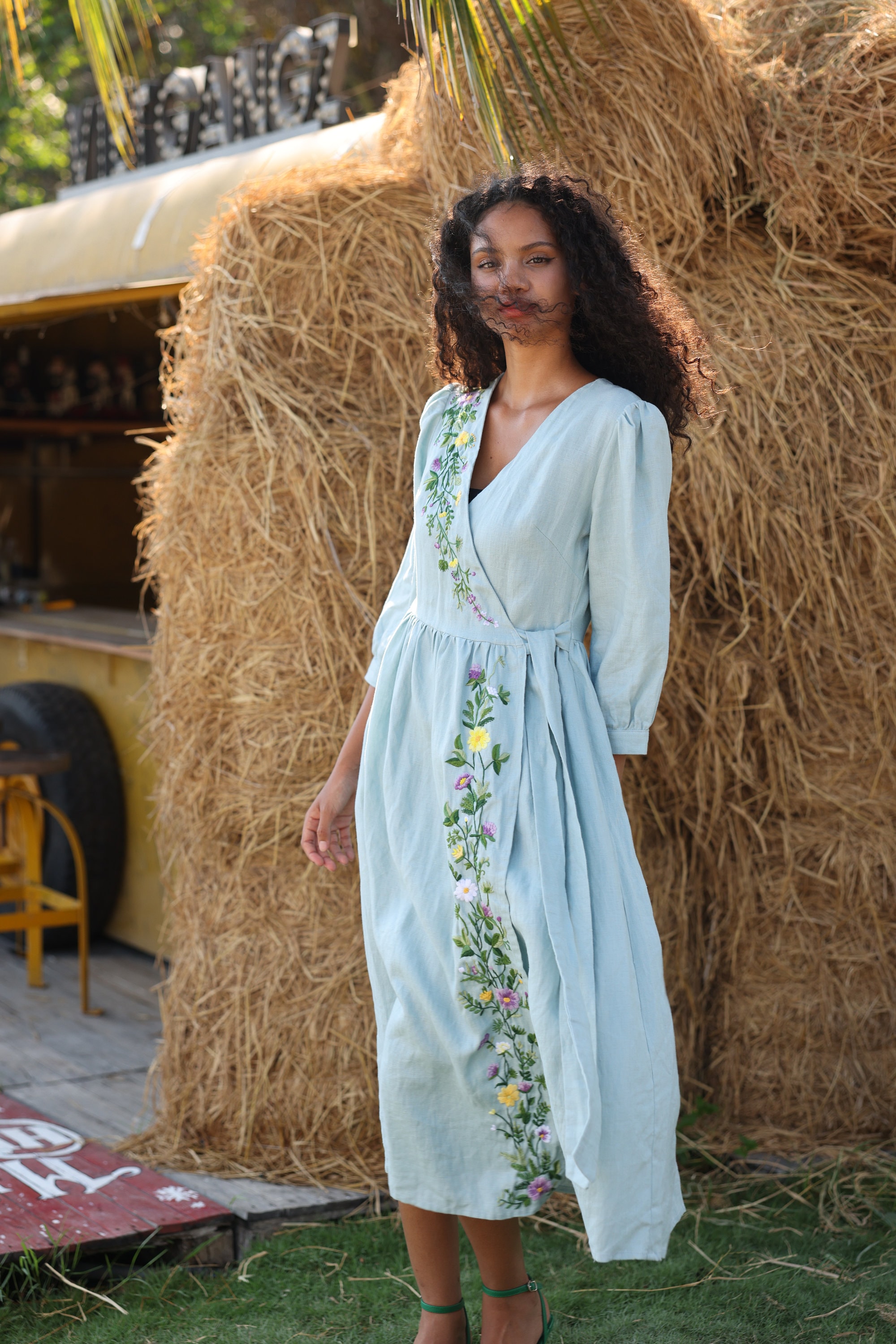 Hand Embroidered Deep V-neck Wrap Linen Dress PAISLEY, Wedding Guest Dress, Custom fit Hand Embroidered Deep V-neck Wrap Linen Dress PAISLEY, Wedding Guest Dress, Custom fit