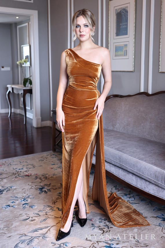 One shoulder velvet dress JUNA, Caramel velvet dress, High slit gown, Formal velvet dress, velvet dress for women, Custom dress, Long dress