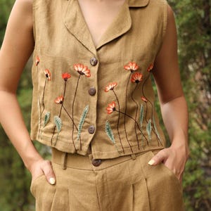 Hand Embroidered Sleeveless Linen Vest DALE, Wedding Guest Outfit, Custom fit