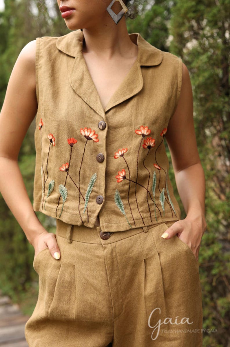 Hand Embroidered Sleeveless Linen Vest DALE, Wedding Guest Outfit, Custom fit