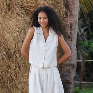 V neck linen vest top BEAU, Cream sleeveless button-down tops, Custom fit