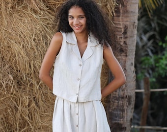 V neck linen vest top BEAU, Cream sleeveless button-down tops, Custom fit