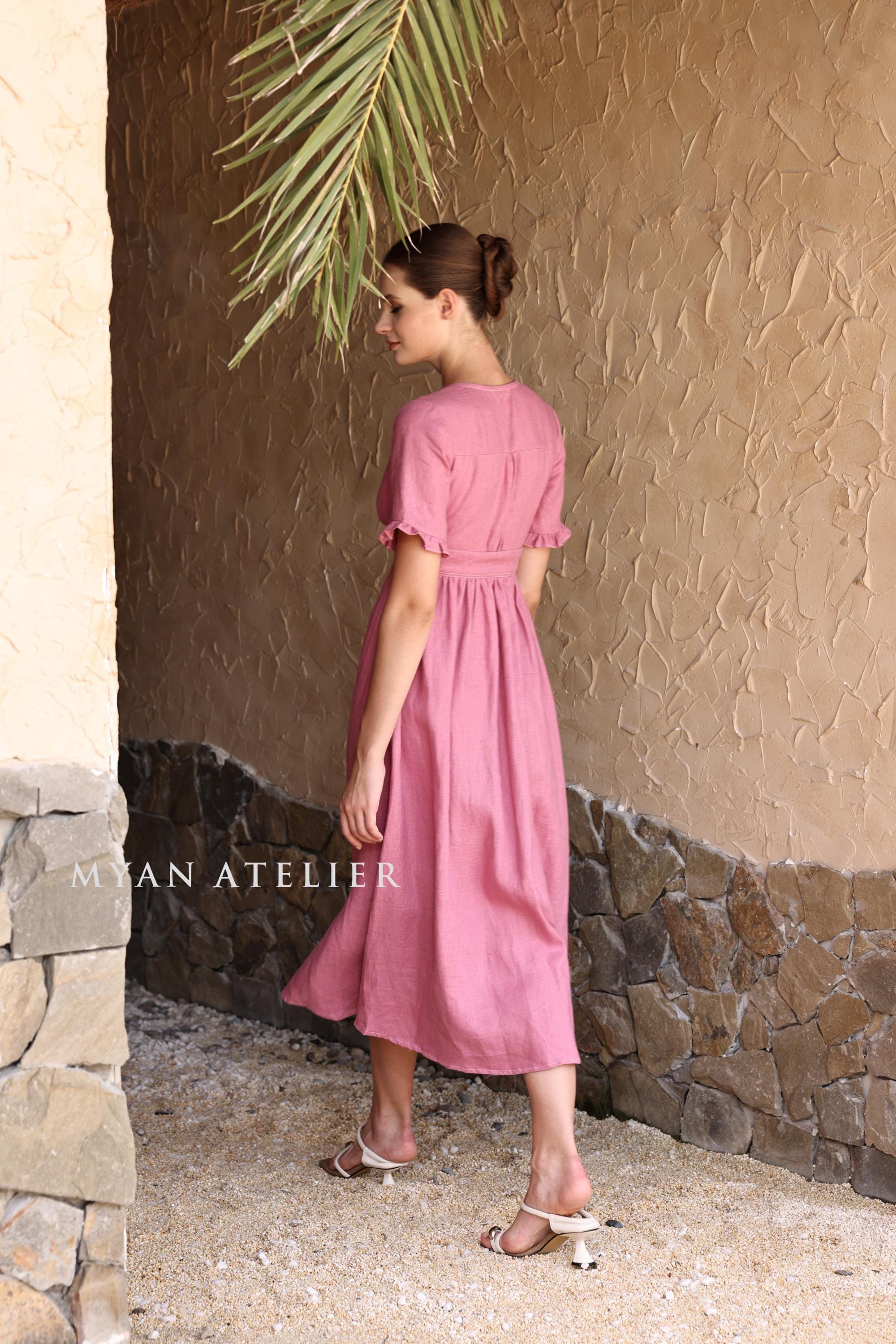 Fit-and-flare Midi Linen Dress MARIEL, Short Ruffle Sleeves Dress