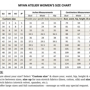 Detailed measurement guide for linen dress dress in sizes 0 US to 24 US, including a custom-size option for a perfect tailored fit.
