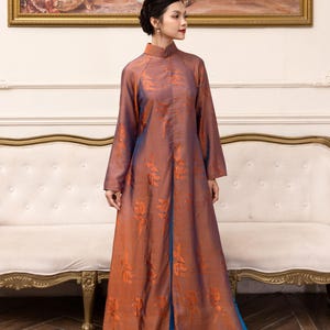 Front slit dress, Silk ao dai for women, Ao dai with pants, Brown Vietnamese dress, Vietnamese wedding guest dress, Custom made ao dai AS83