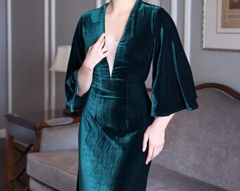 EMRE | Velvet Evening Dress | Deep V Neck | Bell Sleeves | Made-to