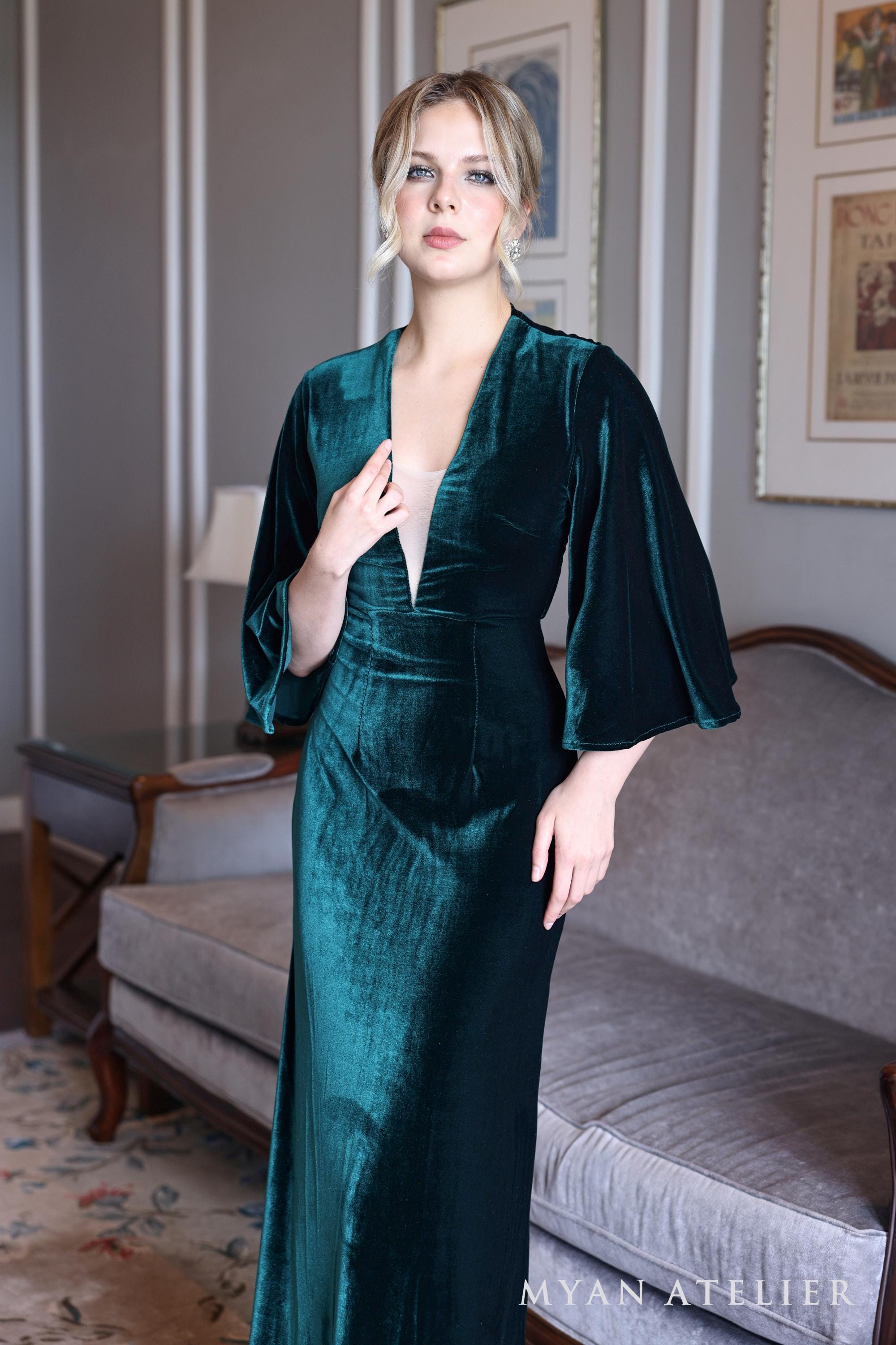 EMRE | Velvet Evening Dress | Deep V Neck | Bell Sleeves | Made-to