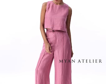 Linen Two-Piece Set ELIA - Sleeveless Linen Top & Wide Leg Pants - Custom Made