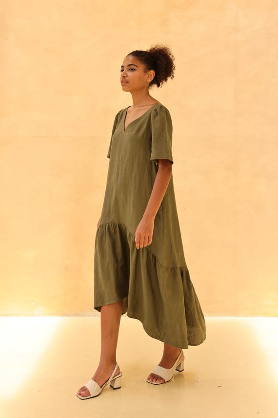three quarter sleeve linen dress Linen Three Quarter Sleeve Maxi Shirt Dress - White
