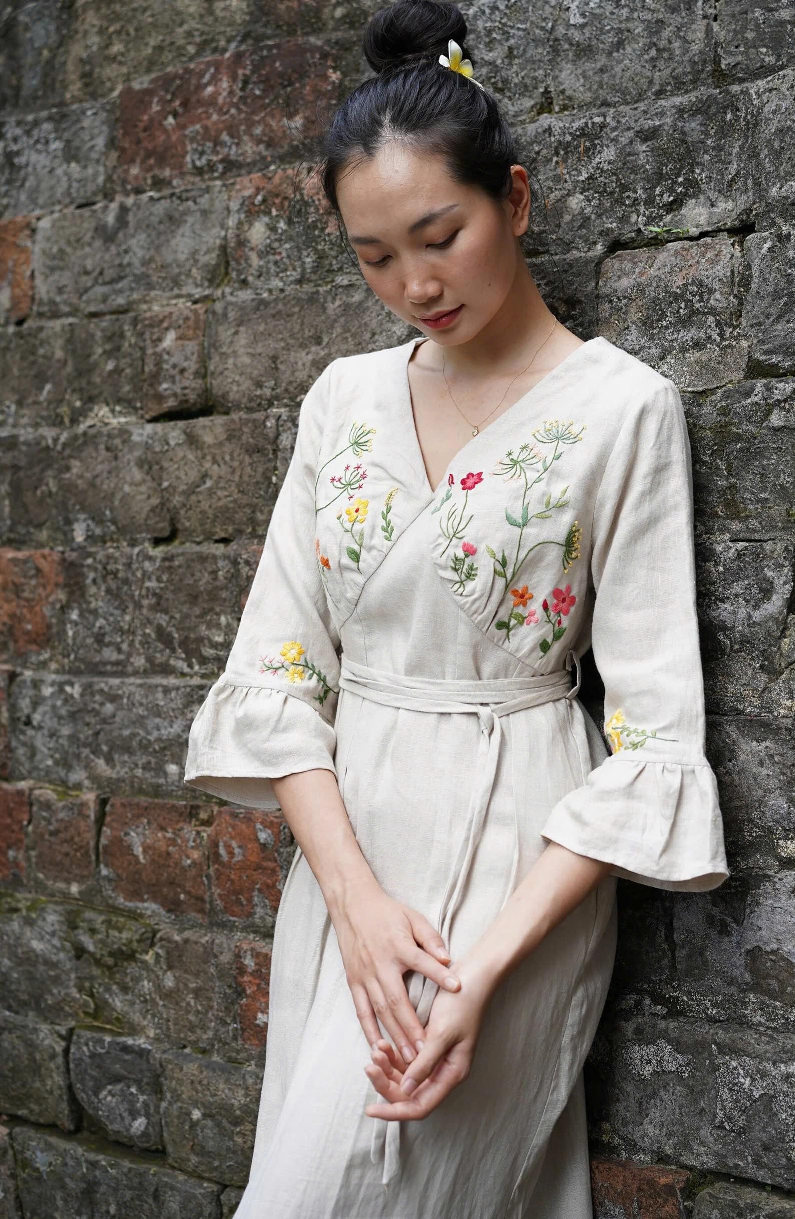 casual embroidered dress Hand Embroidered V-Neck Boho Linen Midi Dress SAGE, Wedding Guest Dress, Custom fit