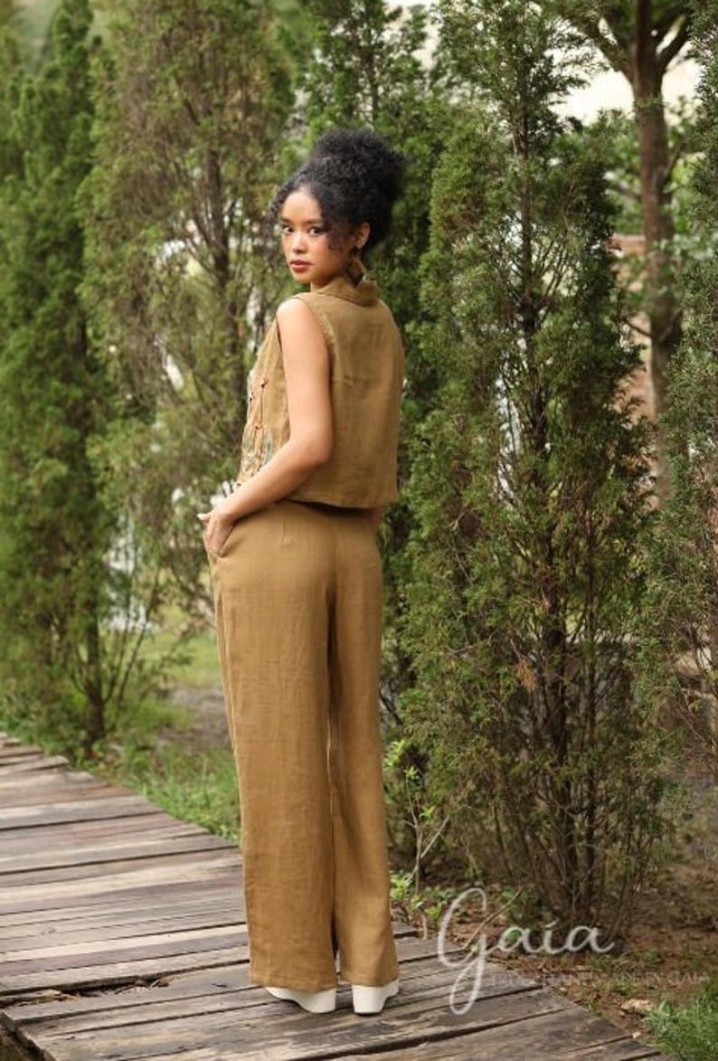 Hand Embroidered Sleeveless Linen Vest DALE, Wedding Guest Outfit, Custom fit