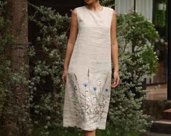 手刺繍ラウンドネックリネンマキシドレス JASMINE、結婚式ゲストドレス、カスタムフィット