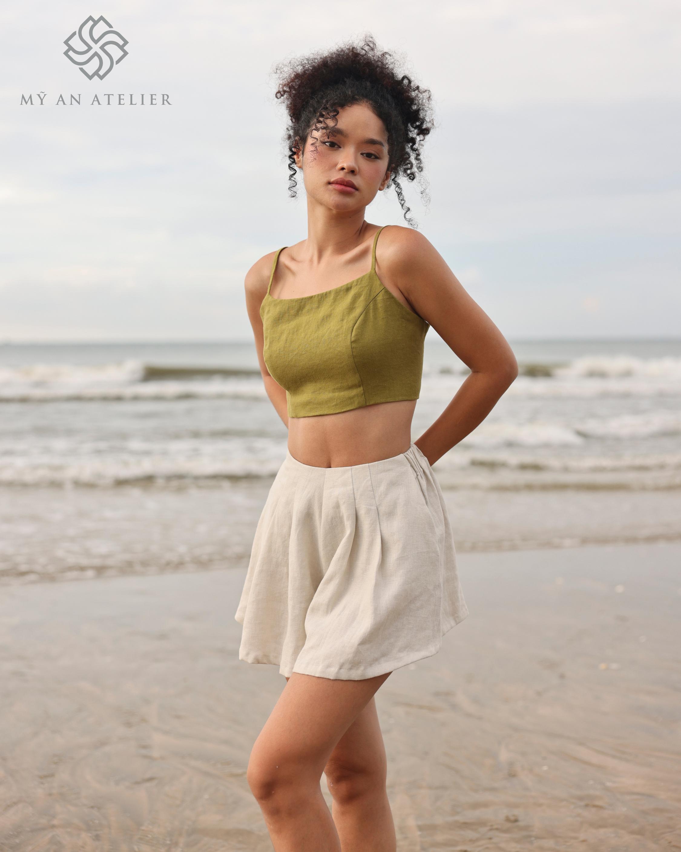 Linen Spaghetti Strap Top GINNY, Button Back Top, Square Neck Top