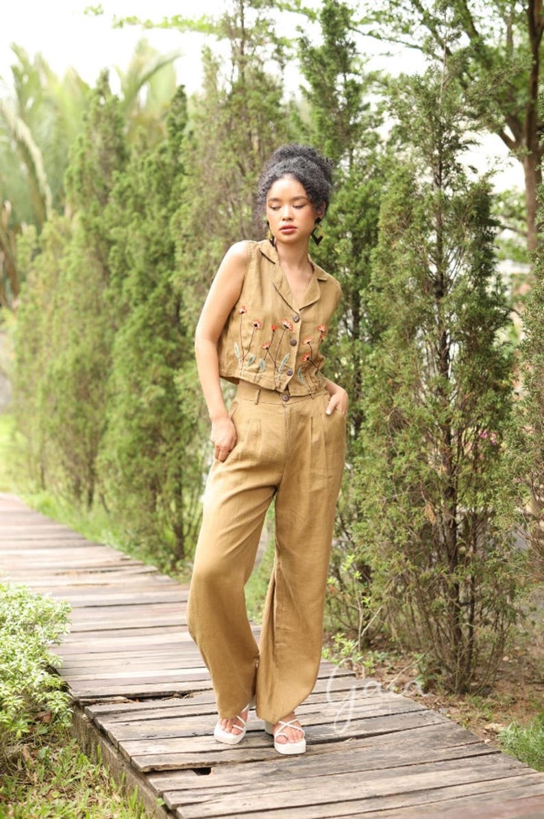 Hand Embroidered Sleeveless Linen Vest DALE, Wedding Guest Outfit, Custom fit