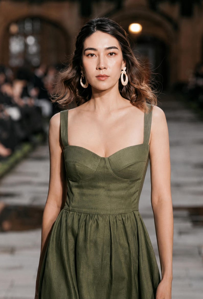 Olive-green linen custom dress with square neckline and full skirt; minimalist wedding guest or bridesmaid style.