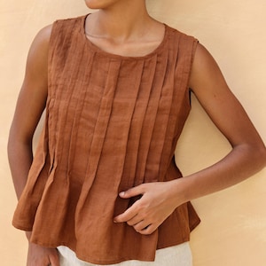 Pleated front top MANADO, Linen tank top, Linen sleeveless top, Loose linen tank top, Linen casual wear, Linen V-neck tank top, Custom size