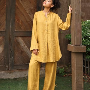 Casual long sleeves shirt loose pants set HIDA, Women linen suit, Linen top and pants set, Linen 2 piece set, Shirt & trousers matching set