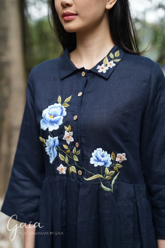 Hand-Embroidered Linen Shirt Dress Kylie - Button Down Dress - Made to Measure