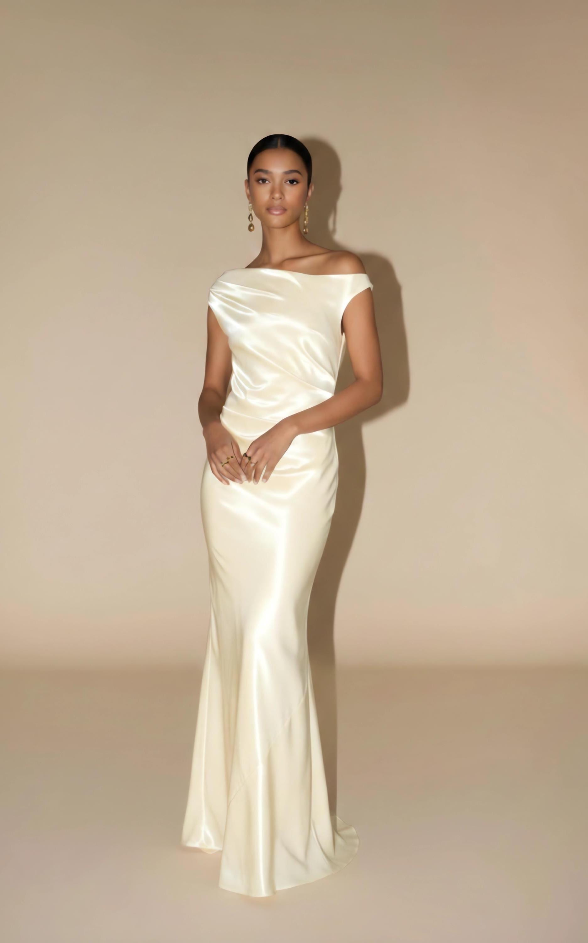Off Shoulder Maxi Silk Satin Dress