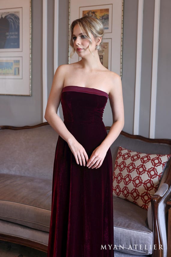 Strapless velvet gown SORA, Long velvet dress, Wine velvet dress, velvet dress wedding guest, Formal dress, velvet dress women, Custom dress
