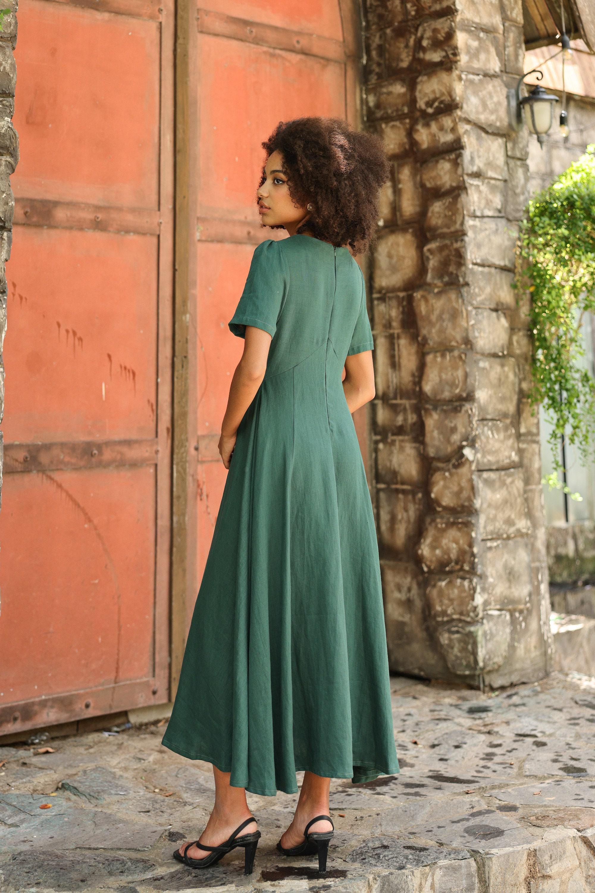 Short Sleeve V-Neck Linen Dress VALLEY, Wedding guest dress, Custom fit Short Sleeve V-Neck Linen Dress VALLEY, Wedding guest dress, Custom fit