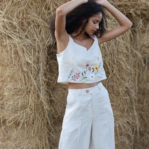 Linen top and pants set RIA in 60 colors, Hand embroidered linen top women, Two piece linen set, Linen set women clothing, Tailor linen set