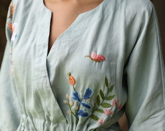 Hand-embroidered linen dress MEI, Linen dress with drawstring waist, V-neck  linen dress, Linen dress women, Custom dress, Linen clothing