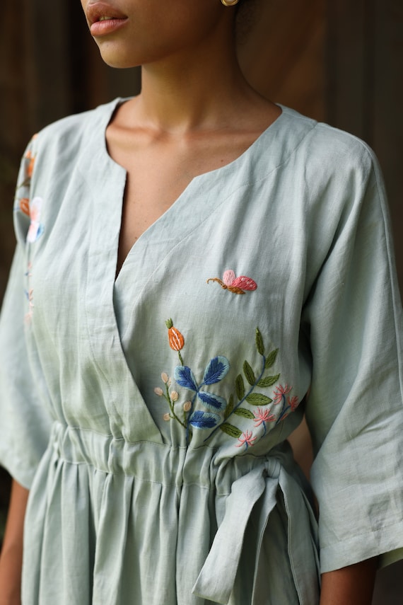 breezy linen dress Breezy Linen Blend Fresco-inspired Print Square Neck Drop Waist Midi Dress