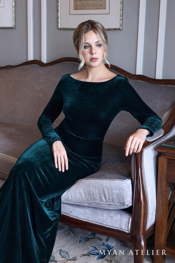 Green Velvet Long Sleeve Boat Neck Velvet Dress Cross Back Velvet Gown Noir, Emerald Velvet Dress, Green Velvet Long Sleeve Boat Neck Velvet Dress Cross Back Velvet Gown Noir, Emerald Velvet Dress,